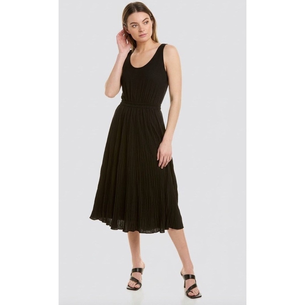 Vince Black Midi Dress Pleated Skirt Tank Sleeveless Scoop Neck Minimalist Large